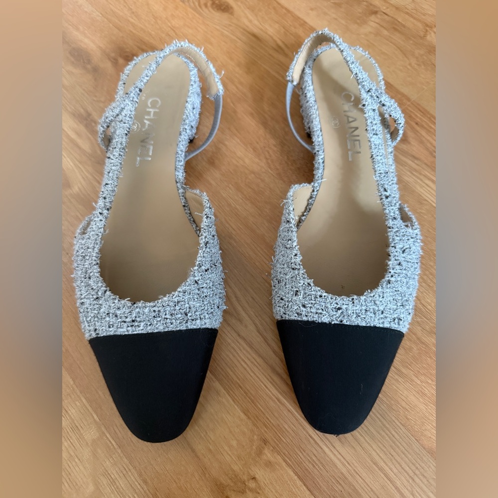 Chanel Women's Black and Gray Tweed Slingback Shoes